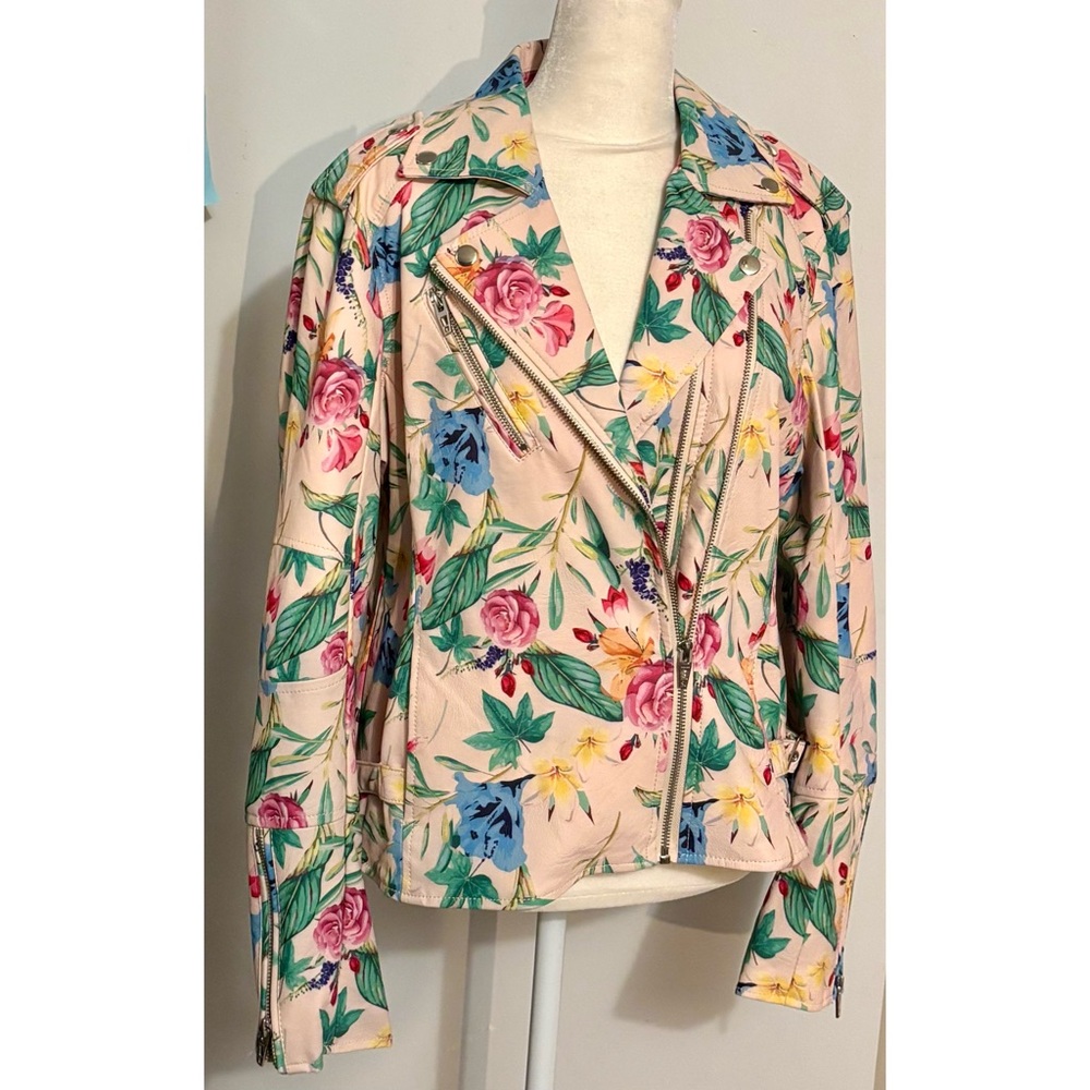 Colleen Lopez Ivory Green And Pink Floral Women's Moto Jacket Vegan Leather-MED